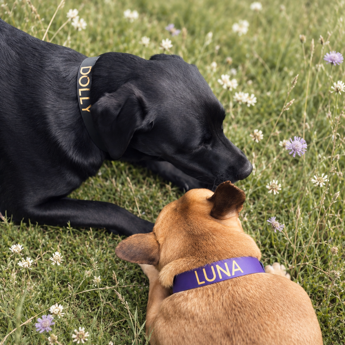Two dogs, one black and one brown, playing with a toy on a grassy field wearing waterproof biothane collars 
