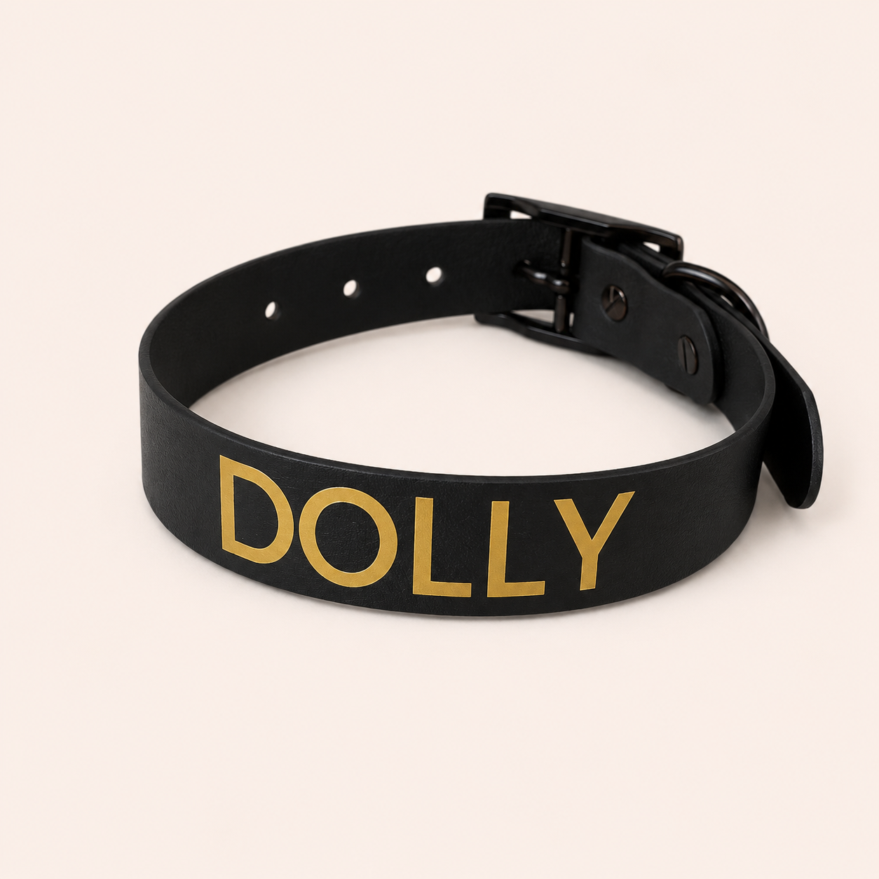 Black waterproof biothane dog collar with 'DOLLY' in gold on a beige background