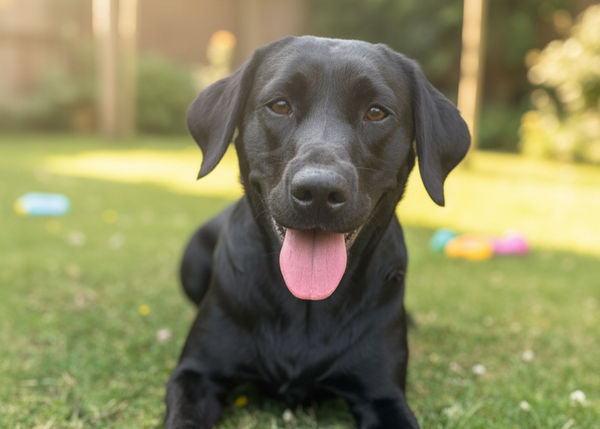 A black Labrador retriever lying on green grass in a backyard, looking at the camera with its tongue out, next to a purple and pink patterned rubber ring toy.