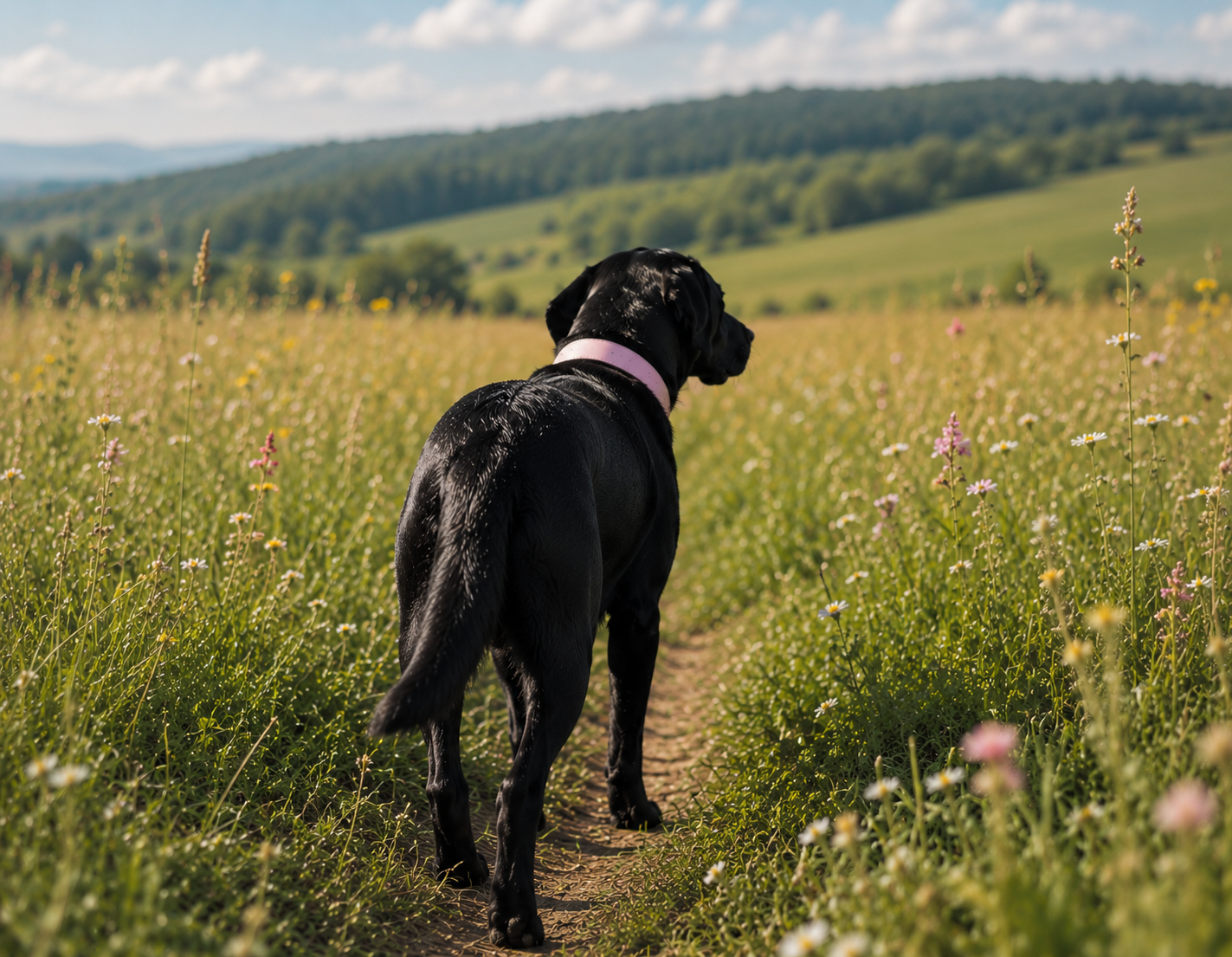 A black dog wearing a pink biothane waterproof collar stands on a dirt path in a grassy wildflower meadow, looking out toward rolling green hills under a blue sky with clouds.