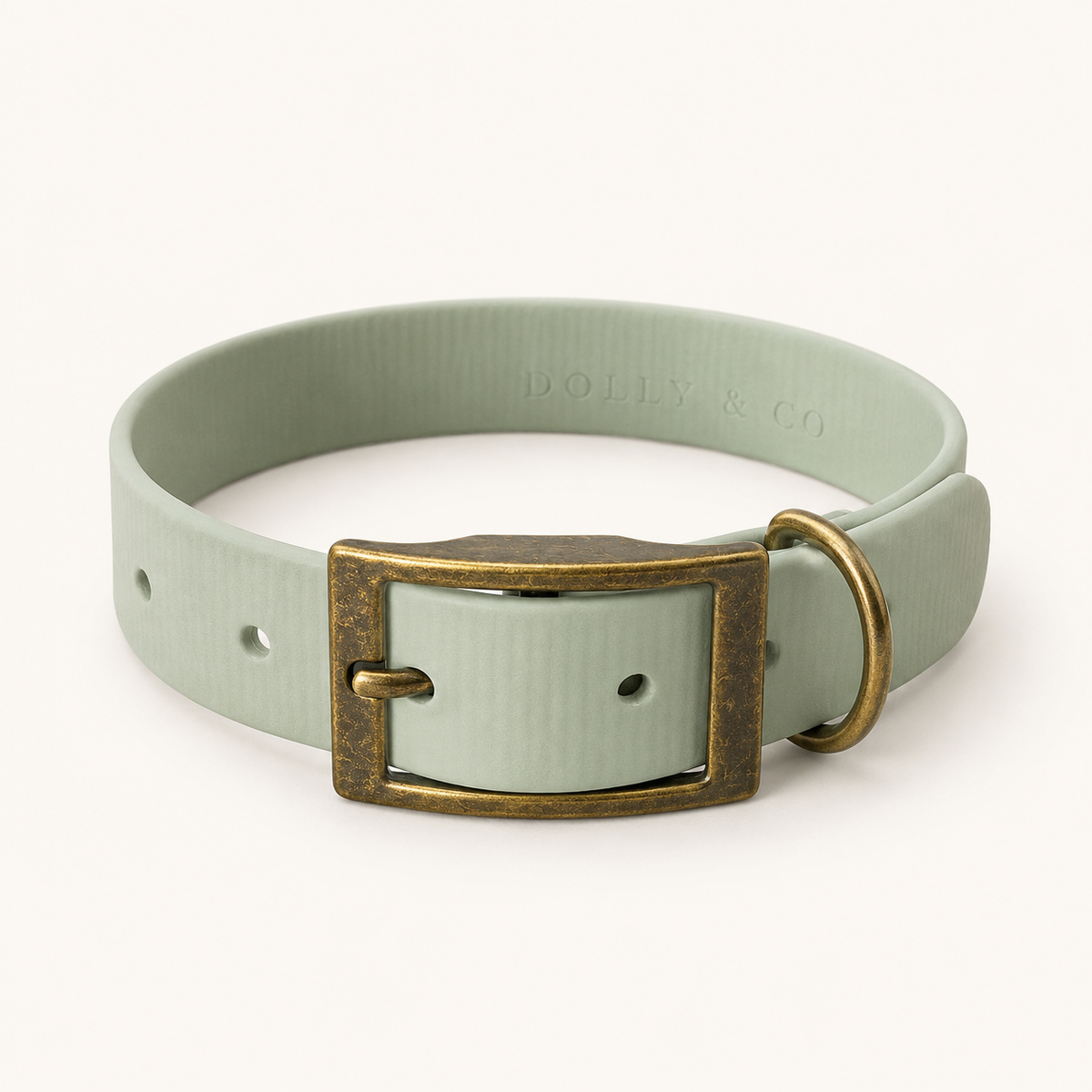 Sage Whisper waterproof BioThane dog collar with antique brass hardware