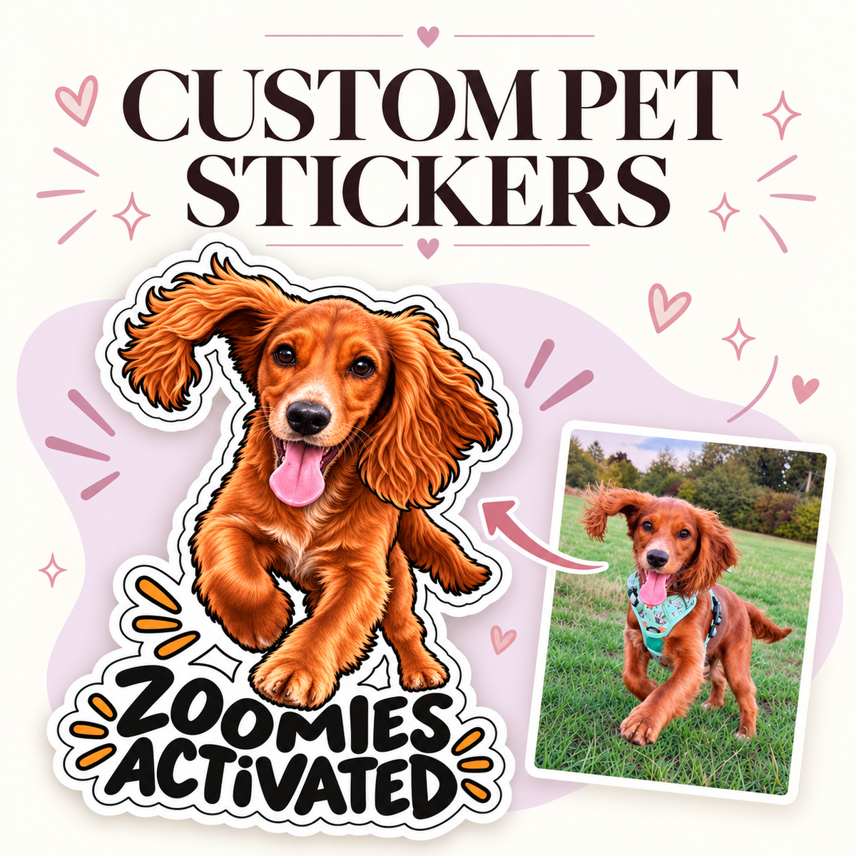 Examples of three personalised pet photo stickers featuring illustrated dogs by Dolly & Co