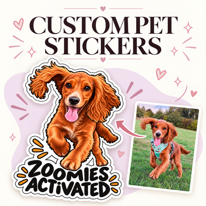 Examples of three personalised pet photo stickers featuring illustrated dogs by Dolly & Co