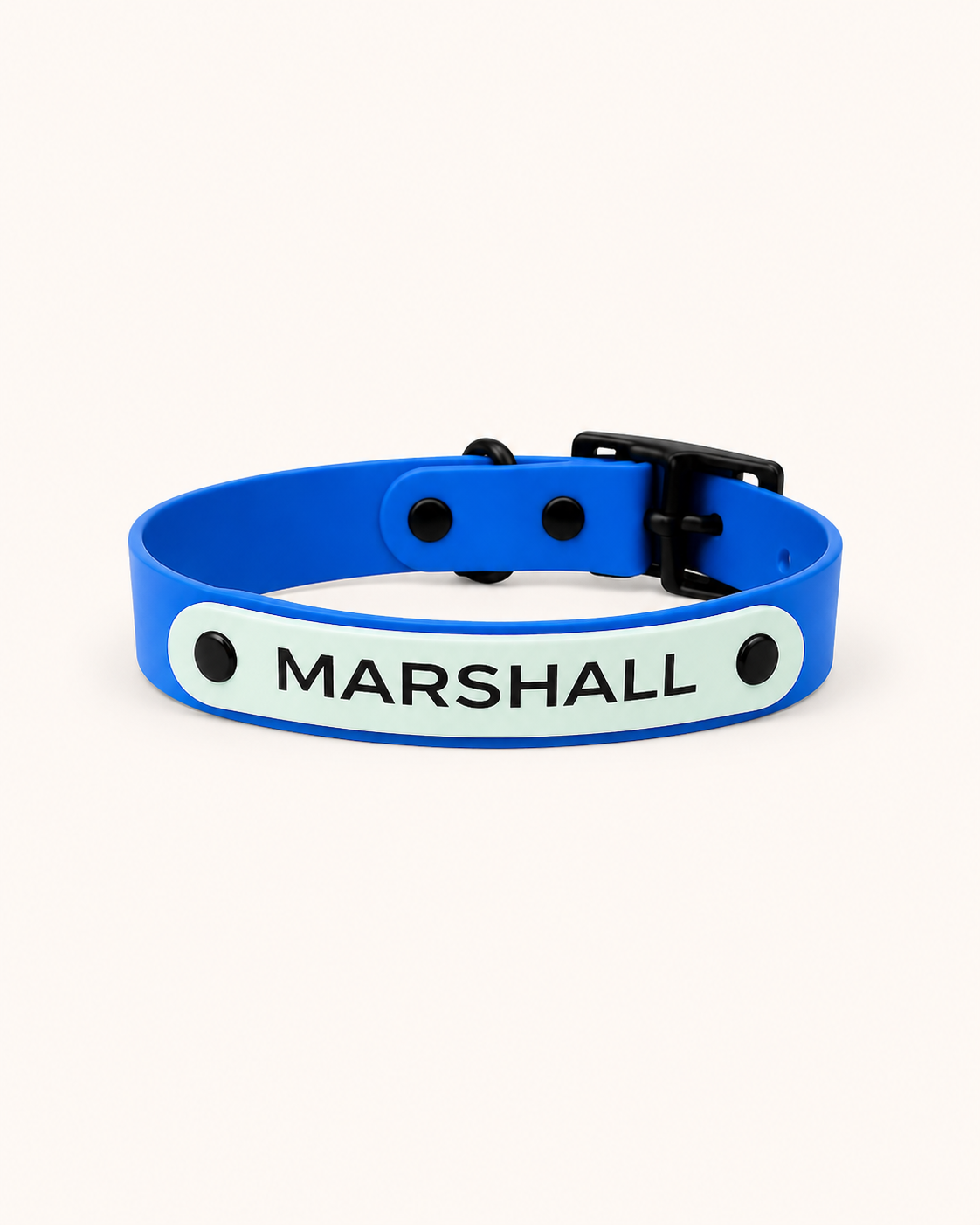 Blue dog waterproof biothane collar with 'MARSHALL' engraved on a white background