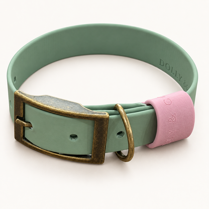 Pink embossed BioThane collar keeper fitted to a sage green collar