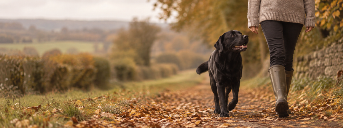 Black Labrador walking beside owner on an autumn country path