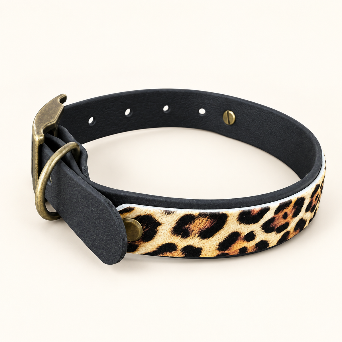 The Wild One leopard print 25mm waterproof BioThane dog collar with antique hardware