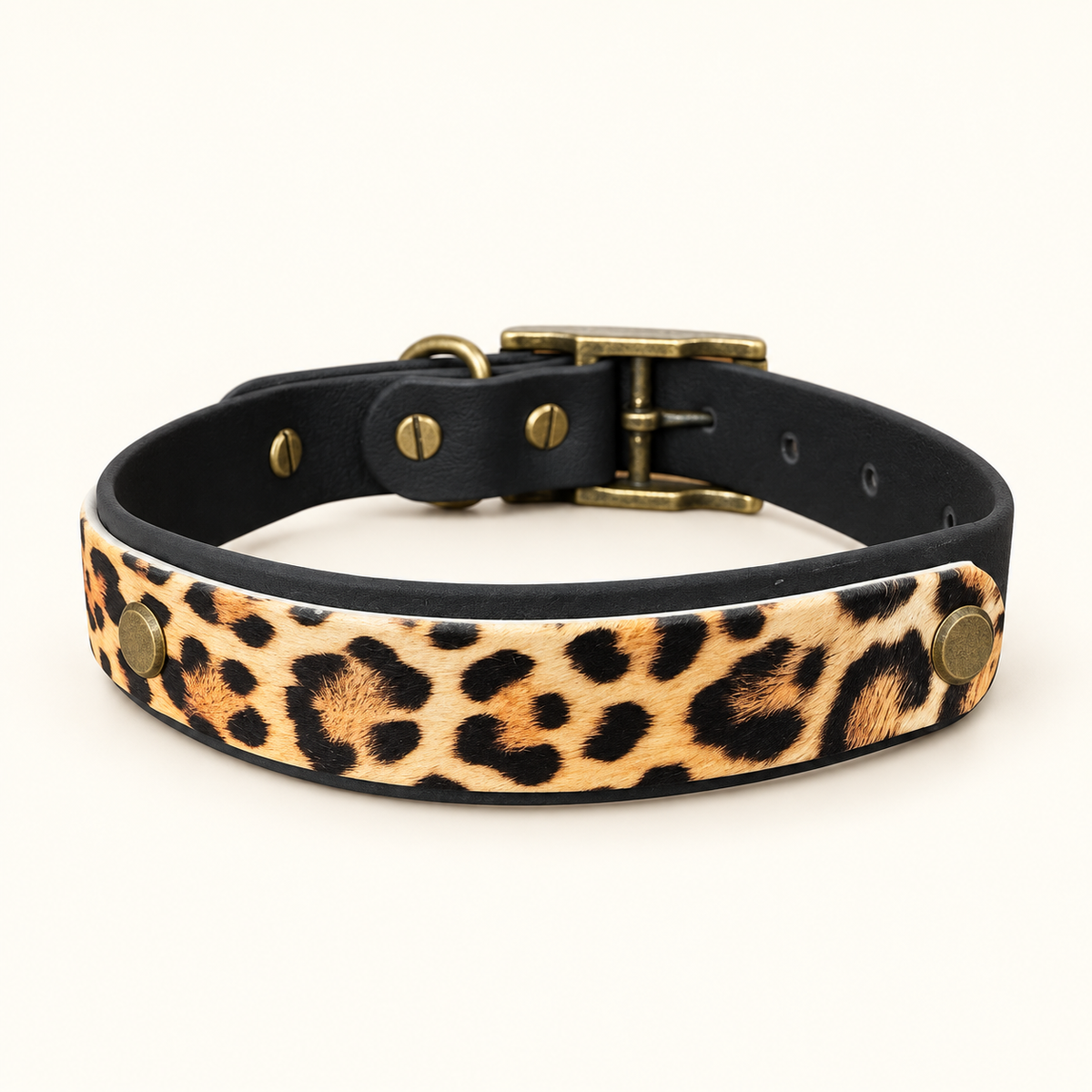 The Wild One leopard print panel on a 25mm waterproof BioThane dog collar